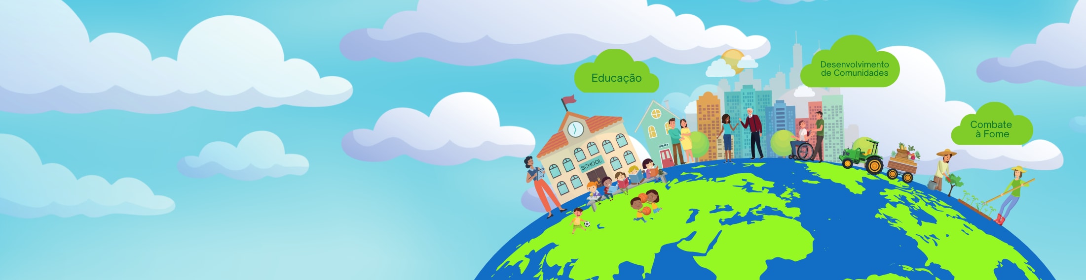 Ilustração dos pilares de atuação do Instituto John Deere: Educação, Desenvolvimento de Comunidades, Combate à Fome
